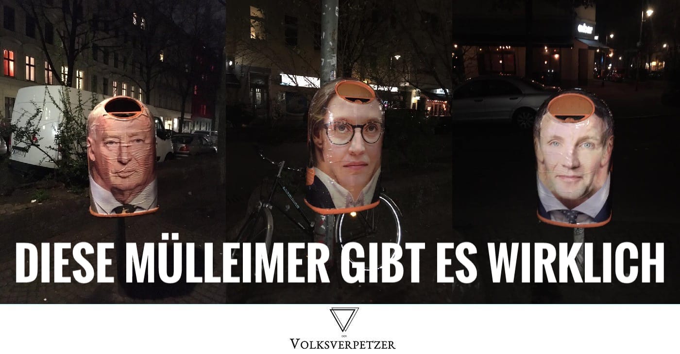 Mülleimer mit Gesichtern von AfD-Politikern in Berlin aufgetaucht