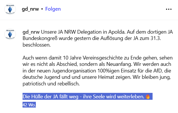 AfD-Account gibt selber zu, dass die Jugendorganisation eine Fortschreibung der alten JA ist. 