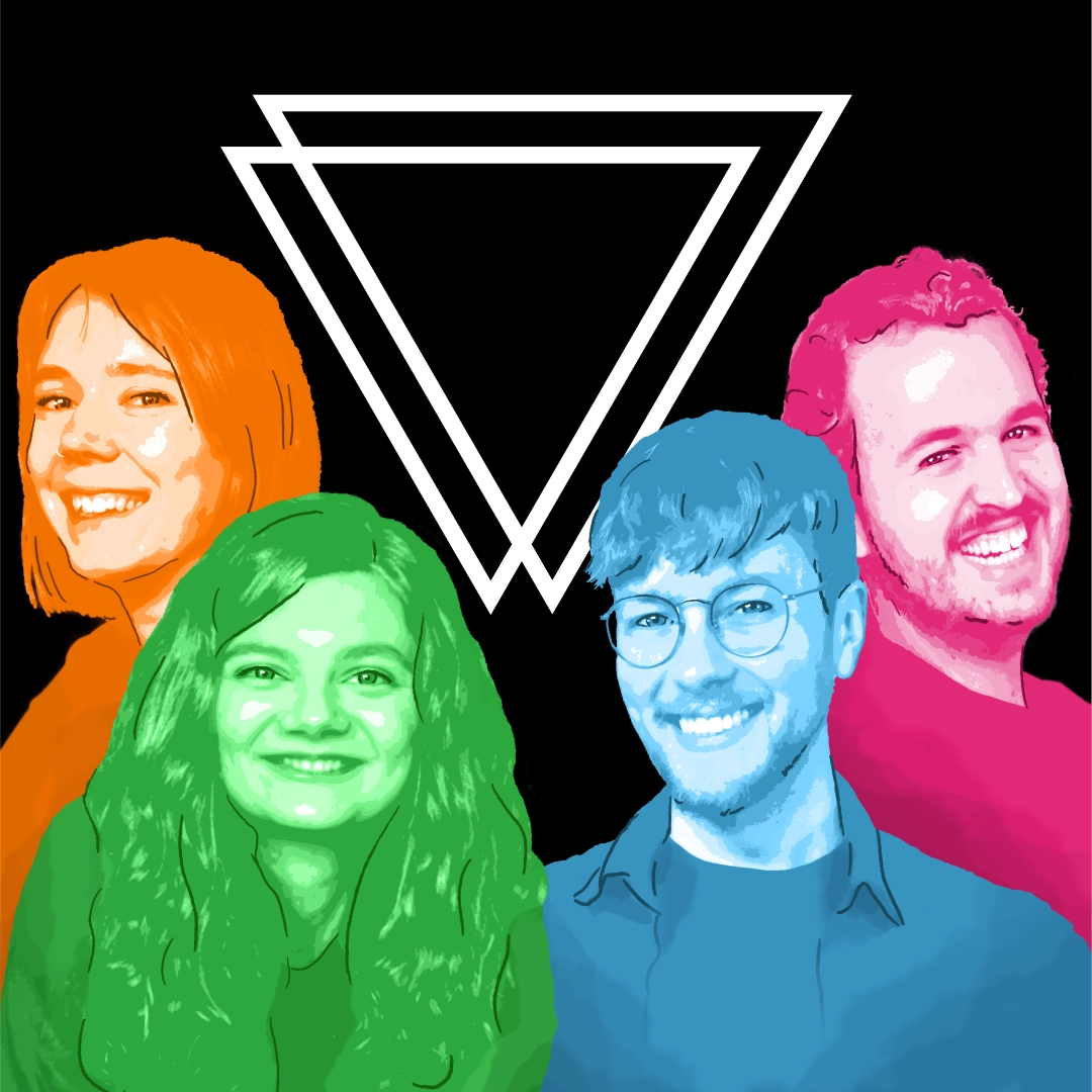 Podcast Cover: Links: Frederik Mallon in Pink, Rechts: Thomas Laschyk in Blau, monochrome digitale Zeichnungen. Beide grinsen freundlich. Hintergrund: Schwarz mit weißem Volksverpetzer-Logo.